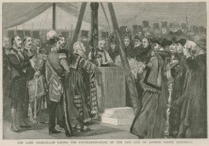 Lordi kansleri laskemassa uuden City of London Courtin, Guildhallin, peruskiven tekijältä English School