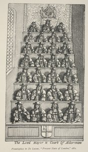 Lord Mayor ja Court of Aldermen, etupaneeli De Launes Angliae Metropolisista, 1681 tekijältä English School