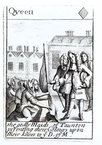 The Maids of Taunton polvistumassa Duke of Monmouthin edessä, 18. kesäkuuta 1685, Queen of Diamonds -pelikortti sarjasta Monmouthin kapinan muistoksi tekijältä English School