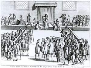Frederick Hendrick van Hoven (n. 1628-98) kaivertama tapa, jolla Hänen Majesteettinsa paransi kuninkaan pahuudeksi kutsuttua tautia, Dorman Newmanille painettu (katso myös 259707) tekijältä English School