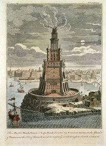 Ptolemaios Soterin pystyttämä marmorinen vahtitorni tai majakka Pharoksen saarella, lähellä Aleksandrian satamaa (värillinen vedos). tekijältä English School
