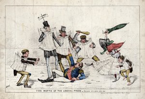 Liberaalilehdistön motto, joka näyttää Napoleon III:n hyökkäyksen brittilehdistön toimesta tekijältä English School