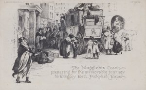 Muggleton Coach valmistautuu ikimuistoiseen matkaan Dingley Delliin, Pickwick Papers (m/v kuva) tekijältä English School