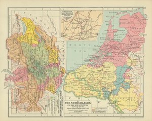 Alankomaat XVII vuosisadalla, jossa näkyvät myös tärkeimmät taistelukentät (värilitografia). tekijältä English School