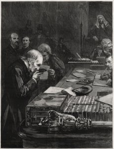 Parlamentin avajaiset 31. tammikuuta 1893, William Ewart Gladstone vannoi valan, Marjoribanksin ja H Gladstonen tukemana. Kuvitus Graphicille tekijältä English School