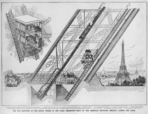 Otis Elevator Eiffel-tornissa, amerikkalaisen hissiyhtiön rakentama Pariisi ja Lontoo, 1889 (kaiverrus tekijältä English School
