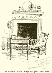 Parlor Chawton Cottagessa, jossa on Jane Austens -pöytä tekijältä English School