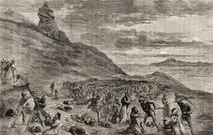Kristittyjen vaino ja verilöyly Madagaskarin saarella vuonna 1849, noin 1865 (puukaiverrus) tekijältä English School