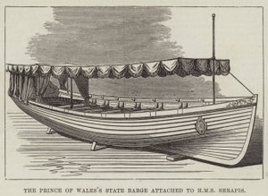 Walesin prinssin osavaltion proomu HMS Serapisiin kiinnitettynä (kaiverrus) tekijältä English School