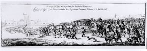 Kaarle II:n (1630-85) ja hänen uuden kuningattarensa Katariina Braganzan (1638-1705) kulkue Portsmouthista Hampton Courtiin, 1662 tekijältä English School