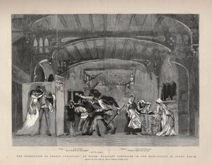 Giuseppe Verdin "" Falstaff" -tuotanto Milanossa, Falstaff piilotettu Buck-Basket Fordin talossa. Kuvitus Graphicille tekijältä English School