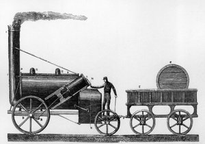 Rocket, höyryveturi, jonka George ja Robert Stephenson suunnitteli ja rakensi vuonna 1829 Liverpool-Manchester-rautatietä varten (kaiverrus) tekijältä English School