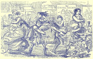 Roomalaiset kävelemässä sabiininaisten kanssa, kuvitus Gilbert Abbott a Beckettin teoksesta The Comic History of Rome, julkaistu n. 1850 (digitaalisesti paranneltu kuva) tekijältä English School