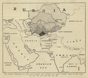 Mervin liittäminen Venäjälle, kartta, joka näyttää Venäjän etenemisen Intiaan vuosina 1734, 1836, 1863, 1867, 1874, 1876, 1881, 1884 tekijältä English School