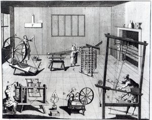 Villatehtaan toinen levy, joka esittelee villakankaan kehruuta, kelaamista, vääntämistä ja kutomista, kaiverrettu "Universal Magazine" -lehteä varten, 1749 tekijältä English School