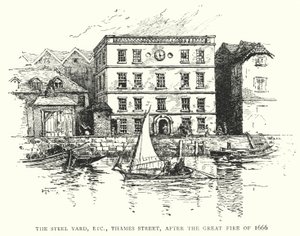 Teräspiha jne., Thames Street, vuoden 1666 suuren tulipalon jälkeen (kaiverrus) tekijältä English School