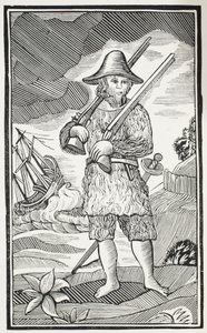 Robinson Crusoen yllättävä elämä ja omituisimmat seikkailut Yorkin kaupungista, Mariner, kuvitus John Ashtonin kirjasta Chap-books of the Eightenth Century, pubi. 1882 tekijältä English School