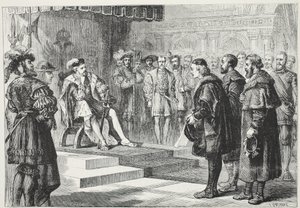 Kolme protestanttista suurlähettiläätä keisari Kaarlen edessä, kuvitus James Aitken Wylien (1808-1890) teoksesta The History of Protestantism, pub. 1878 tekijältä English School