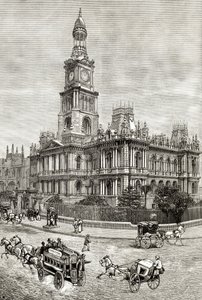 The Town Hall, Sydney, n. 1880, Howard Willoughbyn "Australian Pictures" -julkaisusta, julkaisija Religious Tract Society, Lontoo, 1886 tekijältä English School