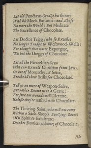 "Kääntäjä, jokaiselle yksilölle... jumalallisen suklaan kunniaksi", sivu A5v teoksesta "Utelias tutkielma suklaan luonteesta ja laadusta...", Antonio Colmenero de Ledesma 1652 (kaiverrus) tekijältä English School