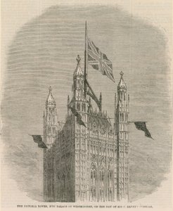 Victoria Tower, uusi Westminsterin palatsi Sir C Barnetsin hautajaisten päivänä tekijältä English School