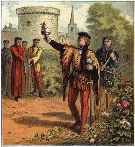 Kahden ruusun sota (1455-1485): konfliktin alku. Yksi Yorkin kuninkaallisen talon lordi poimii valkoisen ruusun ja toinen Lancasterin kuninkaallisesta talosta poimii punaisen ruusun. Kuva Englannin sisällissodasta, jonka synnytti su-jako tekijältä English School