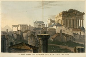 Akropoliksen länsirintama Propylean huipuilta, kuva J.C. Hobhousen teoksesta "Matka Albanian ja muiden provinssien halki...Konstantinopoliin vuosina 1809-1810" tekijältä English School