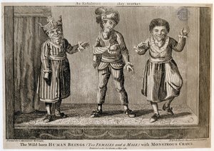 The Wild-Born Ihmisolennot (kaksi naarasta ja yksi mies) hirviömäisillä raivoilla, kuten Haymarketissa, painettu Carington Bowlesille, 1787 tekijältä English School