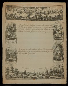 Brittiläisten joukkojen Kööpenhaminan pommitukset ja Brittijoukkojen laskeutuminen Seelannin saarelle, julkaisijat T. ja R. Hughes vuonna 1807 tekijältä English School