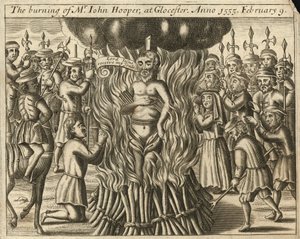 John Hooperin polttaminen Glaucesterissa 9. helmikuuta 1555 (kaiverrus). tekijältä English School