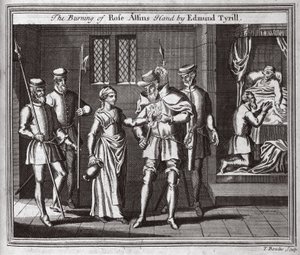 Edmund Tyrillin Rose Allinsin käden polttaminen, kuvitus teoksesta Foxes Martyrs n. 1703 tekijältä English School