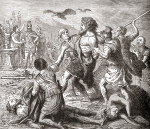 Legendaarisen jättiläisen ja teutonien kuninkaan Teutobochuksen vangitseminen Ward and Lockin Illustrated History of the World -pubista. noin 1882 tekijältä English School
