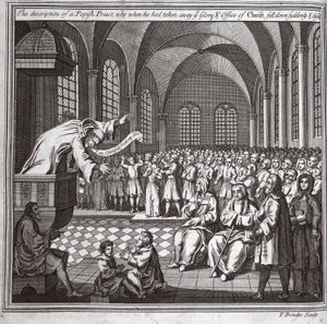 Kuvaus paavilaispapista, joka, kun hän oli ottanut teiltä Kristuksen kunnian ja viran, kaatui yllättäen ja kuoli, kuvitus teoksesta Foxes Martyrs n. 1703 tekijältä English School