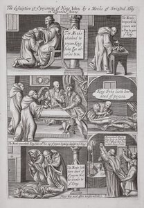 Kuvaus King Johnin myrkyttämisestä Swinstead Abbeyn munkin toimesta Lincolnshiressa, John Foxen kuvitus teoksesta Acts and Monuments, yhdeksäs painos, pubi. 1684 tekijältä English School