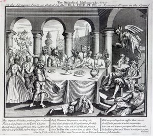 Pirullinen maskquerade tai lohikäärmeiden juhla Hell-Fire-Clubin toimittamana Somerset Housessa Strandissa, n. 1721 tekijältä English School