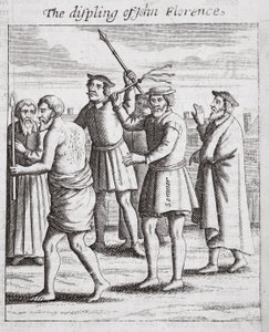 John Florencen syrjäytyminen, kuvitus John Foxen teoksesta Apostolit ja monumentit, yhdeksäs painos, pubi. 1684 tekijältä English School