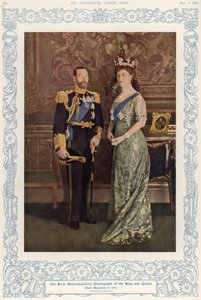 Ensimmäinen luonnollinen värivalokuva kuningas George V:stä (1865-1936) ja kuningatar Mariasta (1867-1953) vuonna 1914, jäljennetty The Illustrated London Newsissa, 4. toukokuuta 1935. tekijältä English School