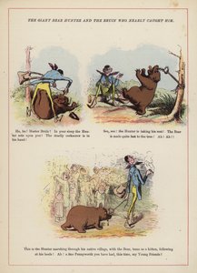 Jättiläinen karhunmetsästäjä ja Bruin, joka melkein sai hänet kiinni (väri litho) tekijältä English School