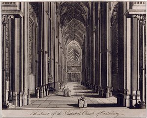 Canterburyn katedraalikirkon sisäpuoli", josta on näkymät laivolle, länsipäästä, n. 1700-43 tekijältä English School