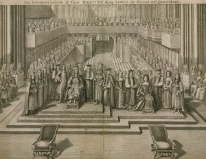 Heidän Majesteettiensa kuningas James II:n ja kuningatar Maryn istuminen Westminster Abbeyssa tekijältä English School
