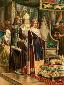 Edvard III:n virkaanastujaiset (värilitografia). tekijältä English School