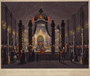 F M:n Wellingtonin herttuan jäänteet makaavat Chelsean sairaalassa marraskuussa 1852 (värillinen kaiverrus) tekijältä English School