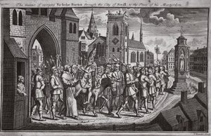Tapa, jolla Nicholas Burton kuljetettiin Sevillan kaupungin läpi marttyyrikuolemapaikalleen, kuva Foxes Martyrsista n. 1703 tekijältä English School