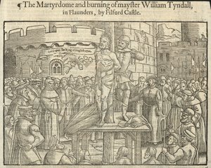 William Tyndallin marttyyrikuolema ja polttaminen Flaundersissa Filfordin linnan luona (kaiverrus). tekijältä English School