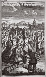 Ralph Allerton James Austoon, Margery Austoon ja Richard Rothin marttyyrikuolema Islingtonissa, kuvitus teoksesta "Foxes Martyrs", n. 1703 (litografia). tekijältä English School