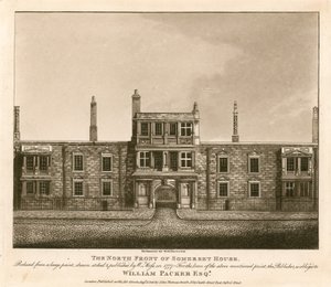 Somerset Housen pohjoisrintama, The Strand, Lontoo, W. Mossin vuonna 1777 piirtämän vedoksen perusteella tekijältä English School