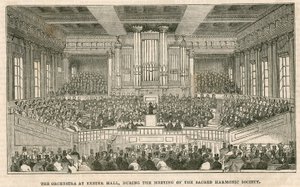 Orkesteri Exeter Hallissa Lontoossa Sacred Harmonic Societyn kokouksen aikana tekijältä English School