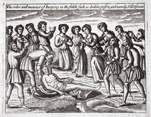 Hautausjärjestys ja -tapa pelloilla, kuten vankilassa kuolleet, ja nimittäin Will Wiseman, kuvitus John Foxen teoksista Apostolien teot ja monumentit, yhdeksäs painos, pub. 1684 tekijältä English School