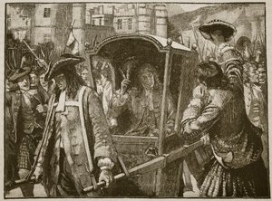 Edinburghin ihmiset saattamassa Hamiltonin herttua Holyroodin palatsiin, kuvitus Cassells Illustrated History of Englandista (seepiakuva) tekijältä English School