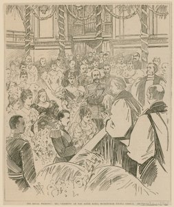 Kuninkaalliset häät, seremonia alttarin kiskoilla, Buckinghamin palatsin kappeli, 23. heinäkuuta 1896 tekijältä English School